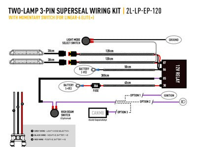Lazer Lamps cable set with instantaneous switch for two Linear 6 Elite+ (3-pin, Superseal, 12V)